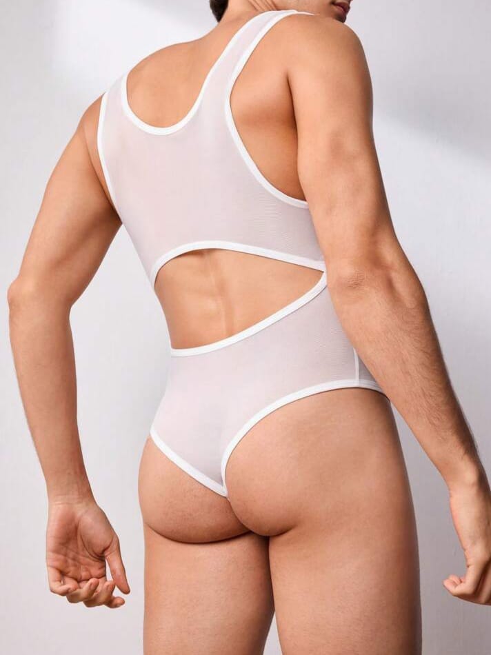 Bonga Boys Men's Solid Color Sheer Crew Neck Sleeveless Bridallingerie Bodysuit